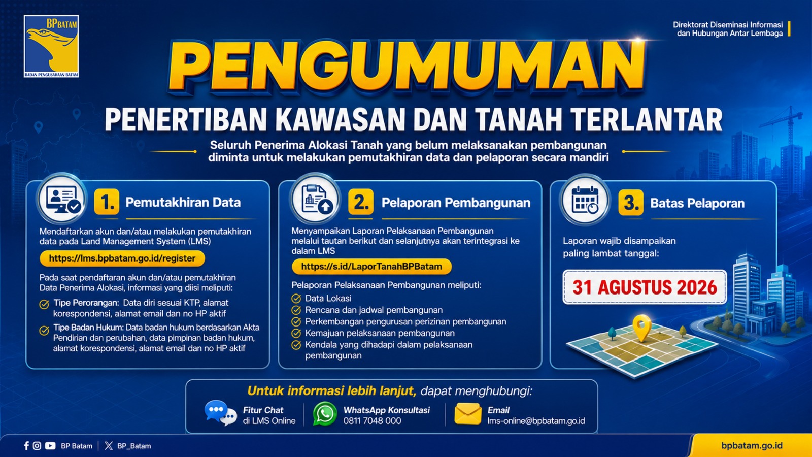 Dorong Percepatan Investasi, BP Batam Perkuat Tata Kelola Pertanahan Melalui Pelaporan Mandiri LMS